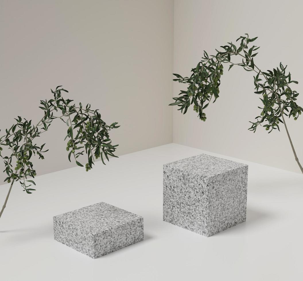 white granite rock podium or stone stage and leaves branch for presentation cosmetic. mock-up stand product scene background. 3d podium stage illustration photo
