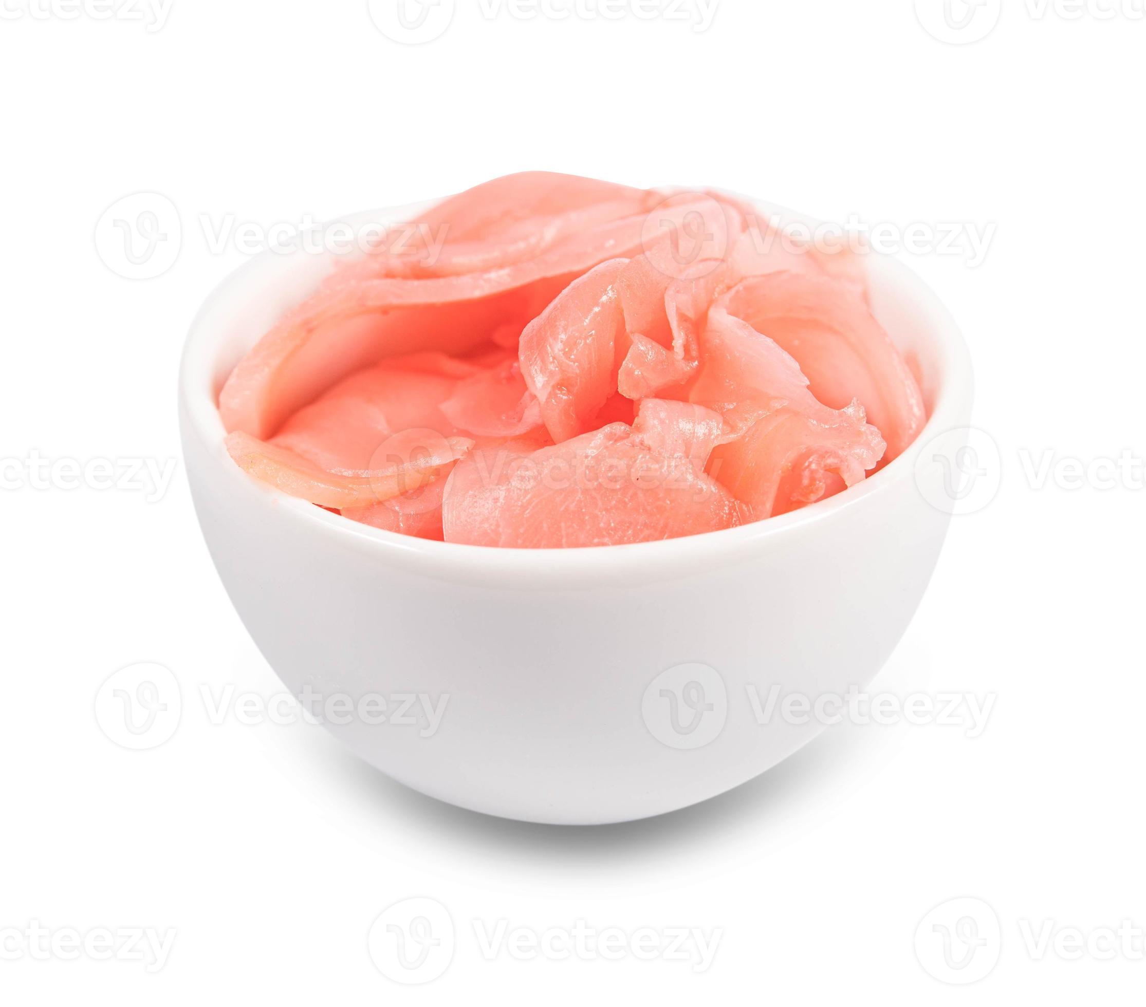 pink pickled ginger in bowl isolated on white background. pink Japanese
