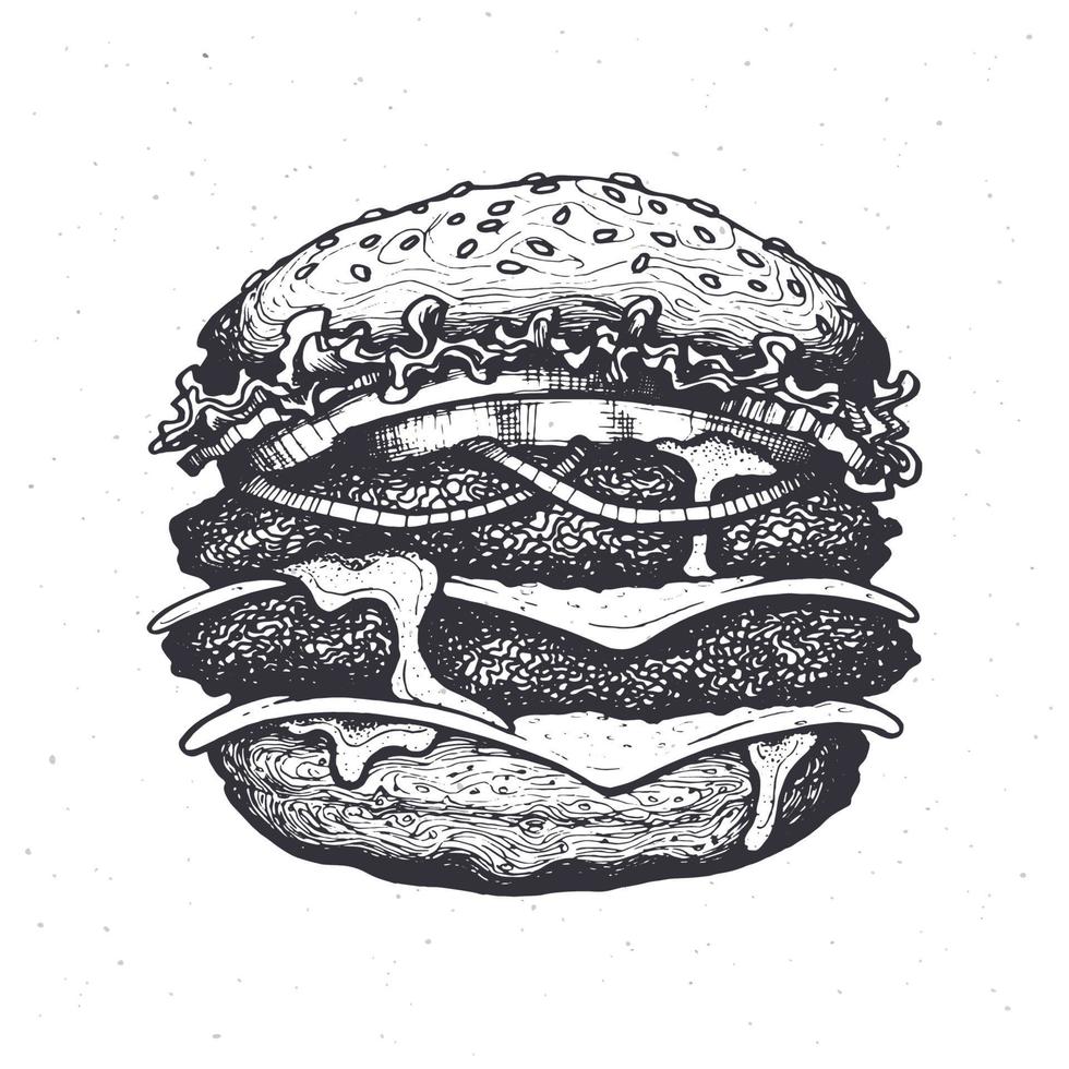 Hand drawn ink illustration of cheeseburger with cheese, tomato, onion and lettuce. Big beef burger with vegetables vector