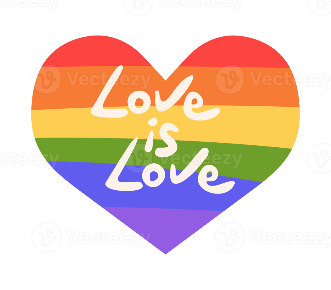 LGBT rainbow flag heart. Hand drawn Pride month symbol with handwritten phrase Love is love quote. Emblem, sticker. PNG image isolated on transparent background