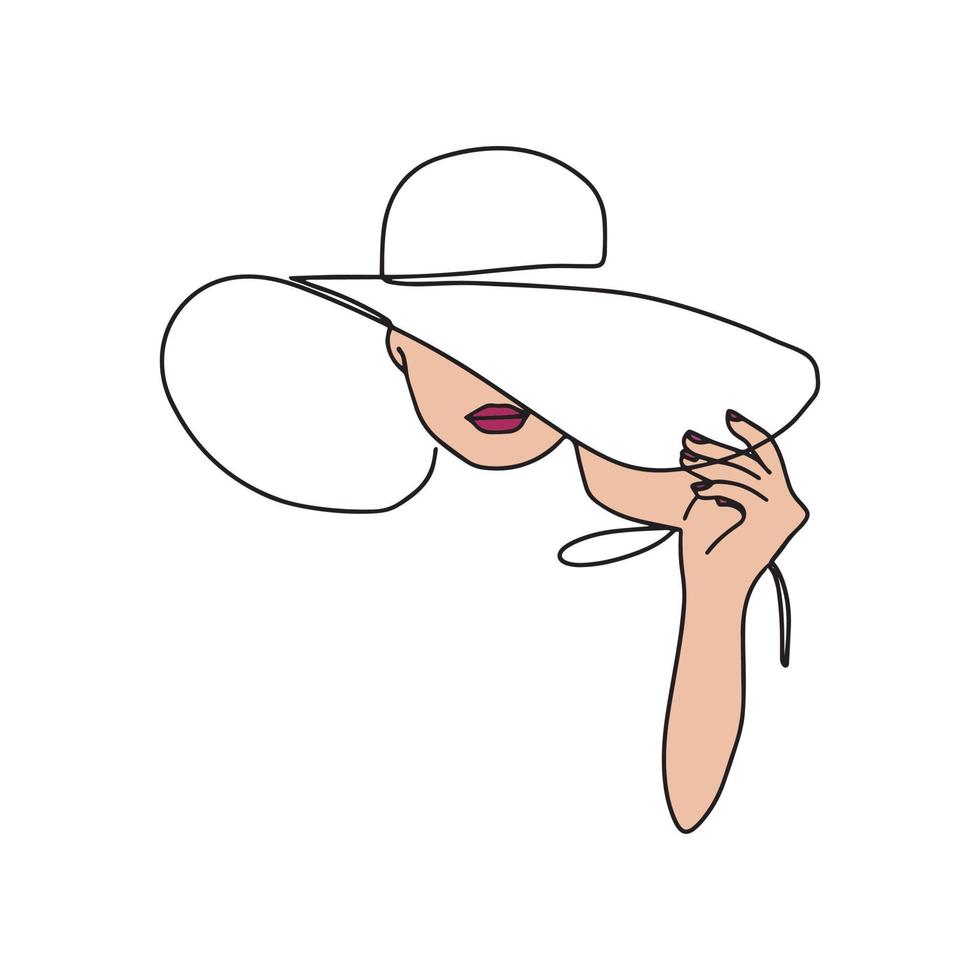 mujer en sombrero vector uno línea Arte. línea Arte. minimalista impresión. negro y blanco. belleza logo. retrato de joven moderno mujer vistiendo sombrero. vector