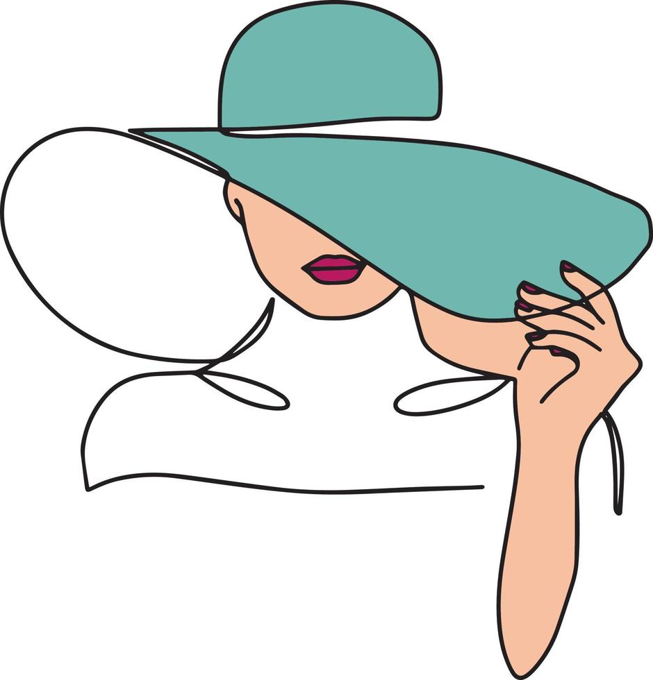 Woman in hat vector one line art. Line art. Minimalist print. Black and white. Beauty logo. Portrait of young modern woman wearing hat. Vector