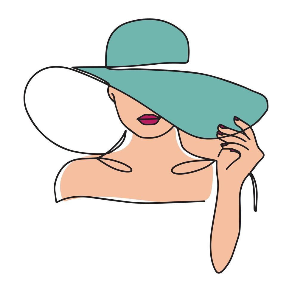 mujer en sombrero vector uno línea Arte. línea Arte. minimalista impresión. negro y blanco. belleza logo. retrato de joven moderno mujer vistiendo sombrero. vector