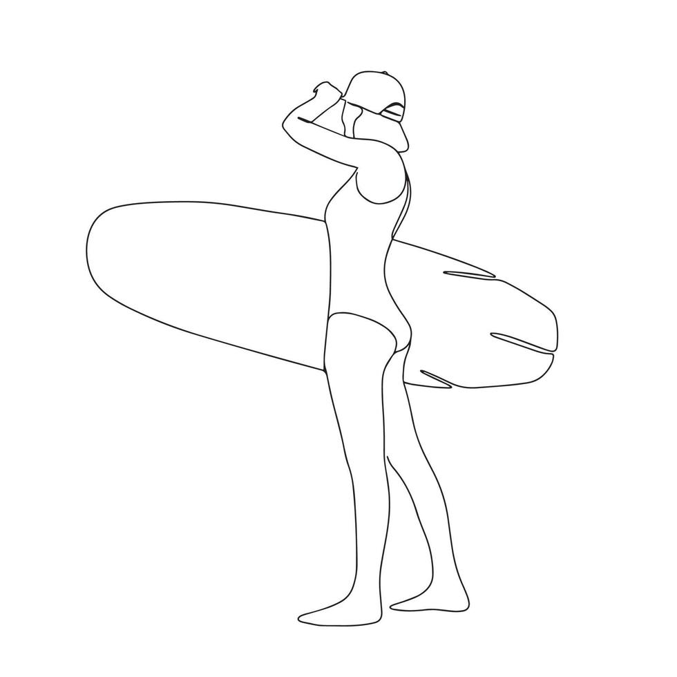 continuo línea dibujo de un tablista niña con un tabla de surf, uno línea dibujo de un tablista muchacha. vector ilustración