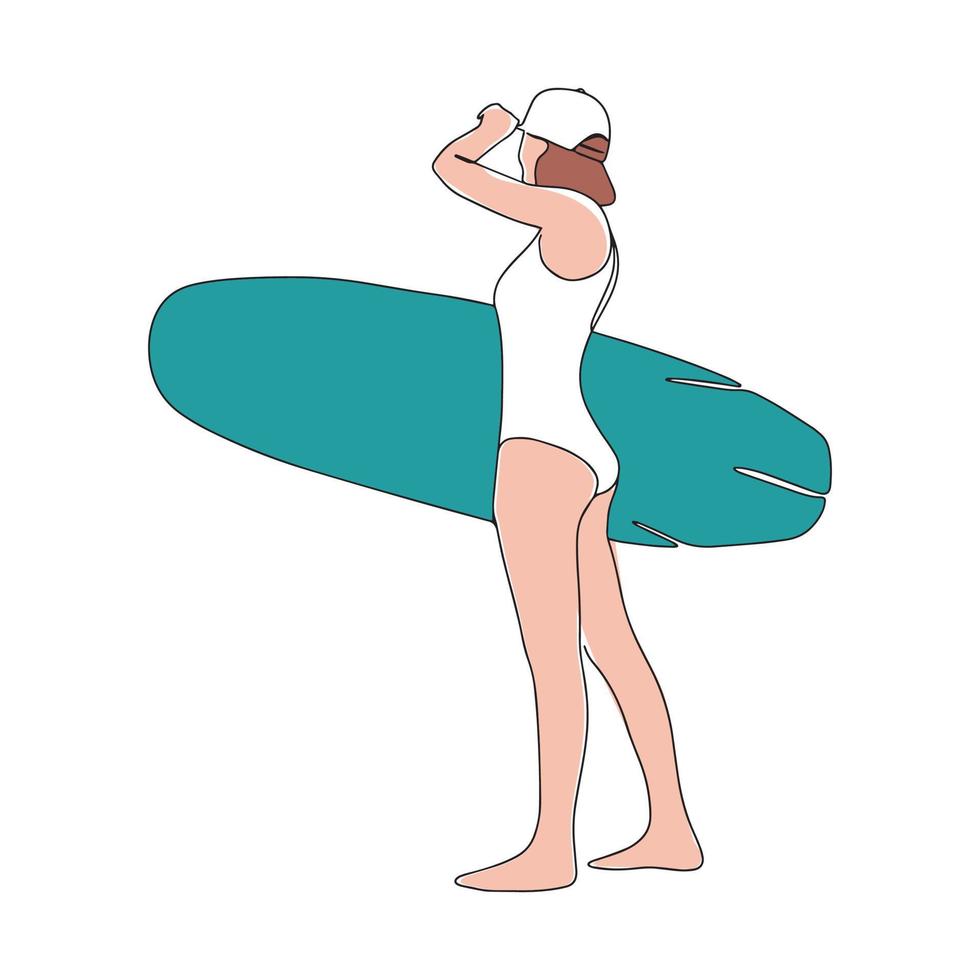 continuo línea dibujo de un tablista niña con un tabla de surf, uno línea dibujo de un tablista muchacha. vector ilustración