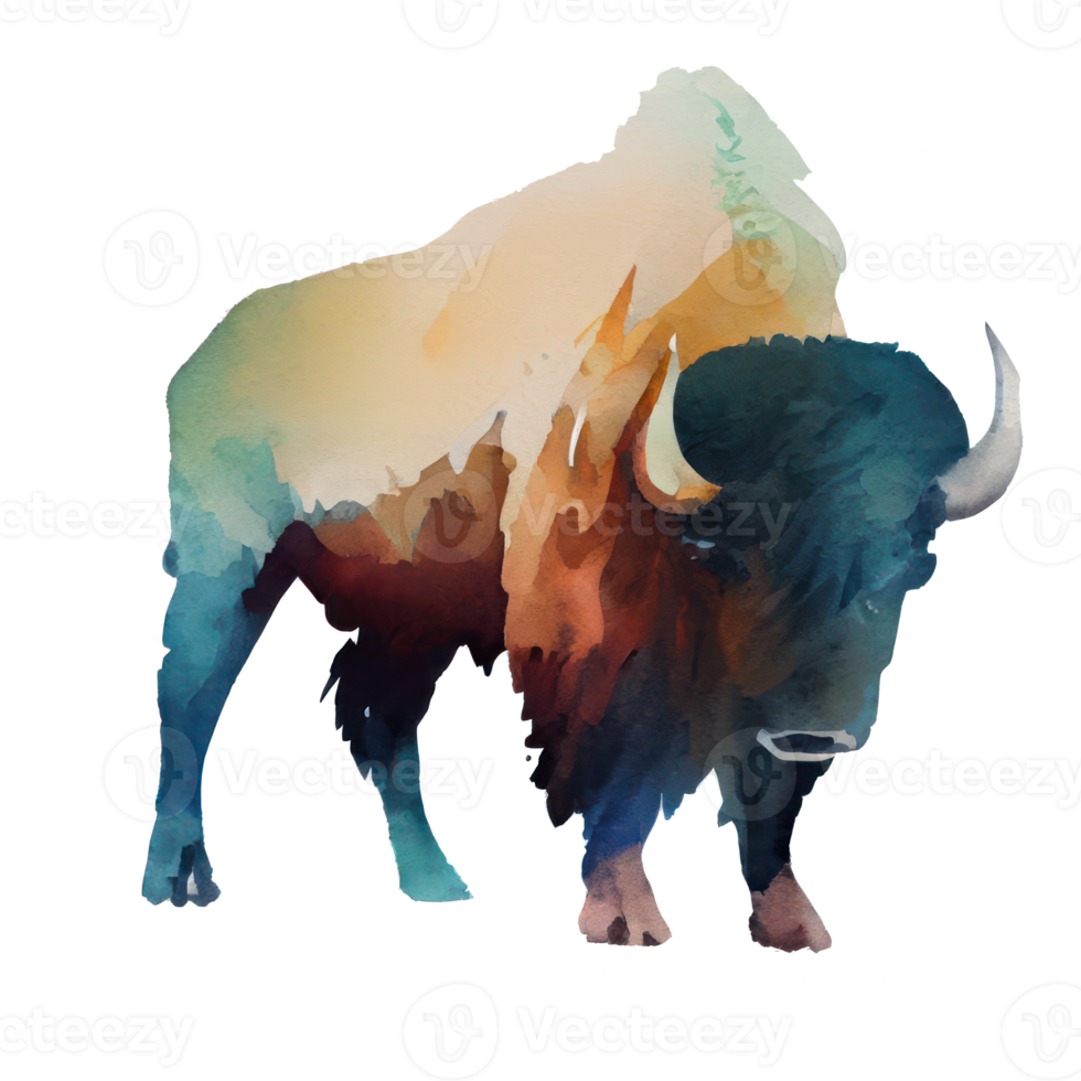 Watercolor Bison . AI Generated png