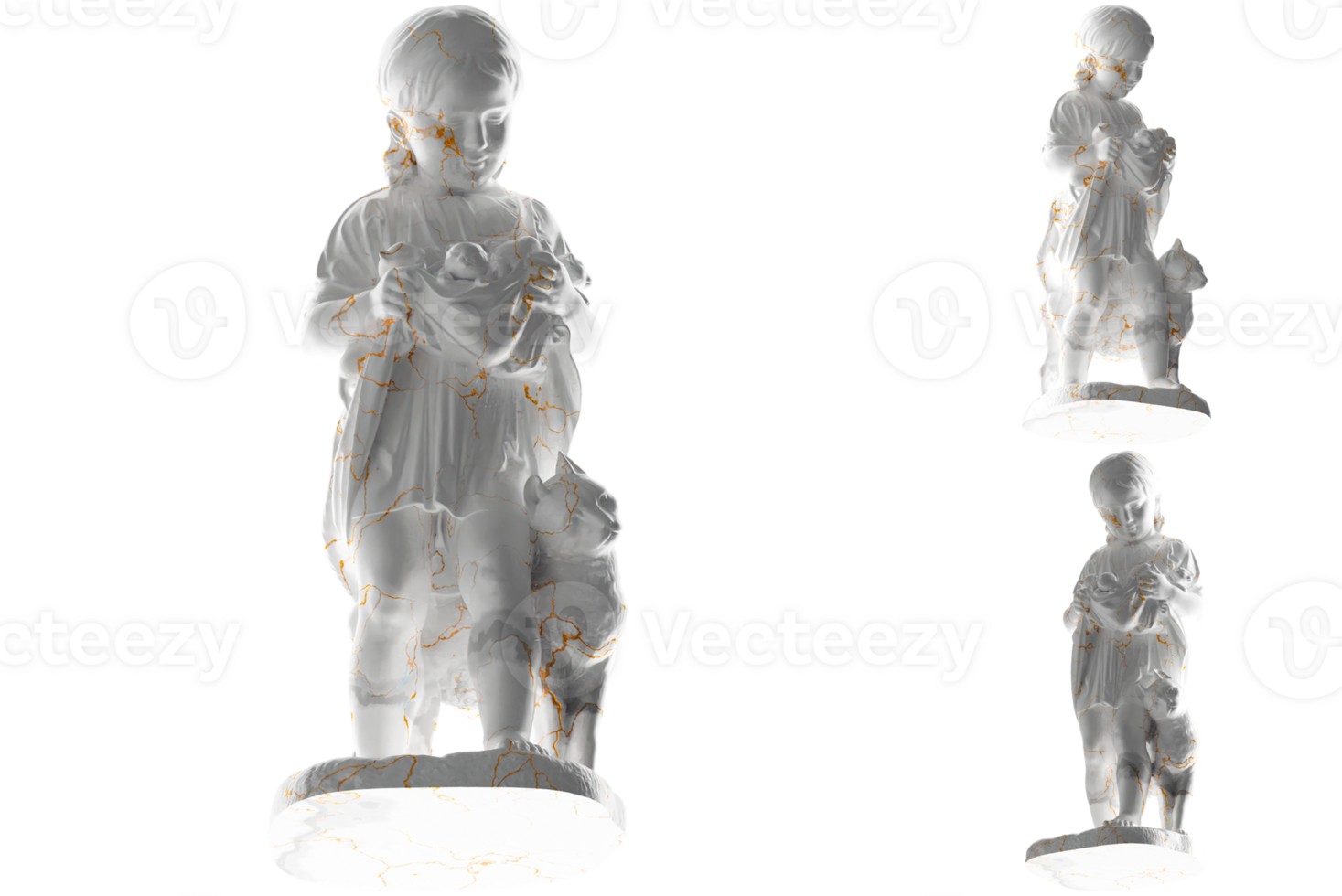A Little Girl With Kittens 3D render in white marble and gold, perfect for apparel, and album covers png