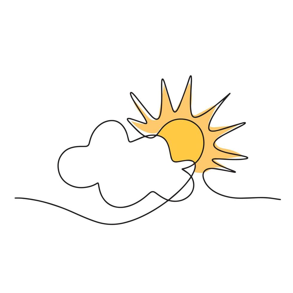 Continuous line sun cloud art. Single line sketch sunny summer. Icon cloudy sky . Vector