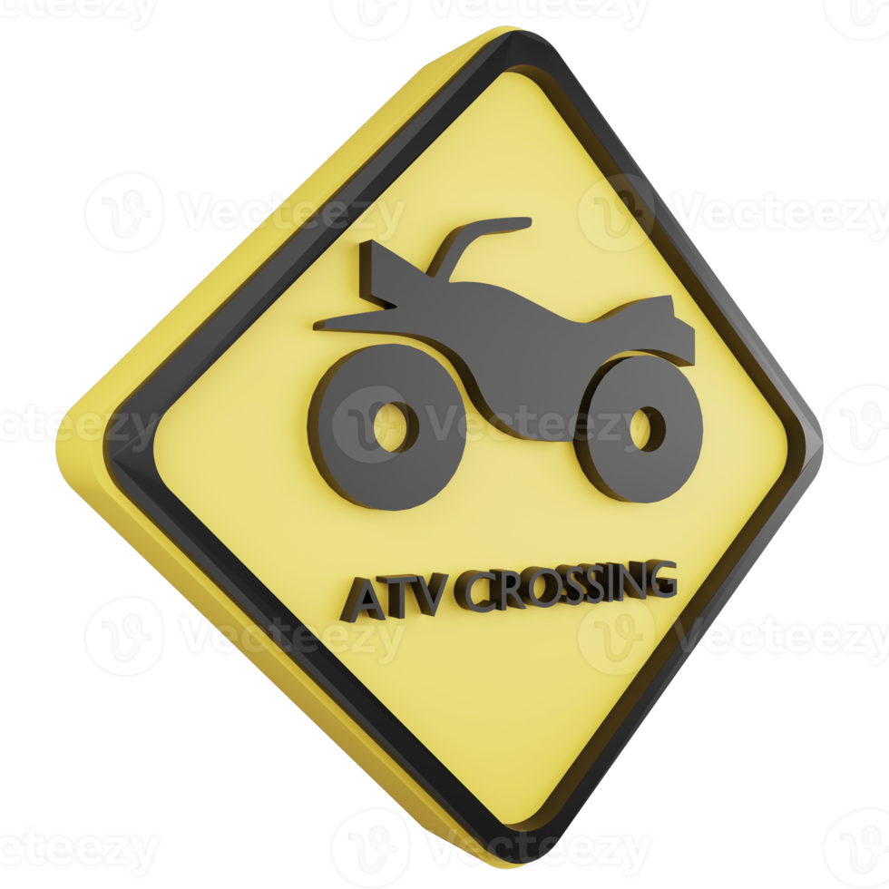3D render atv crossing sign icon isolated on transparent background, yellow cautionary sign png