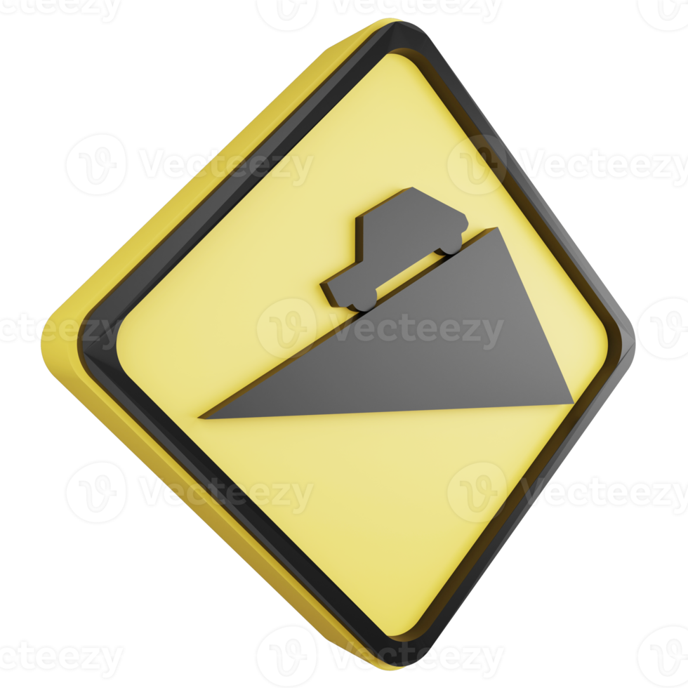 3D render dangerous slope sign icon isolated on transparent background, yellow cautionary sign png