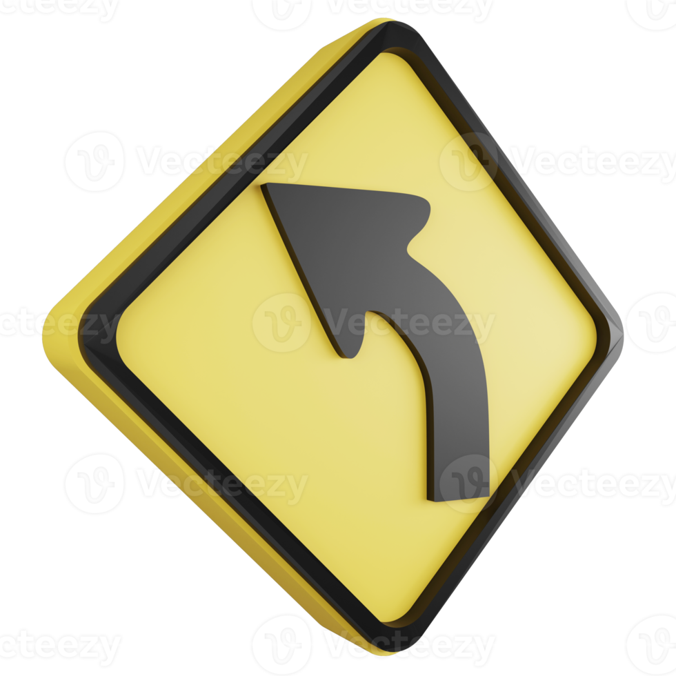 3D render curve sign icon isolated on transparent background, yellow cautionary sign png