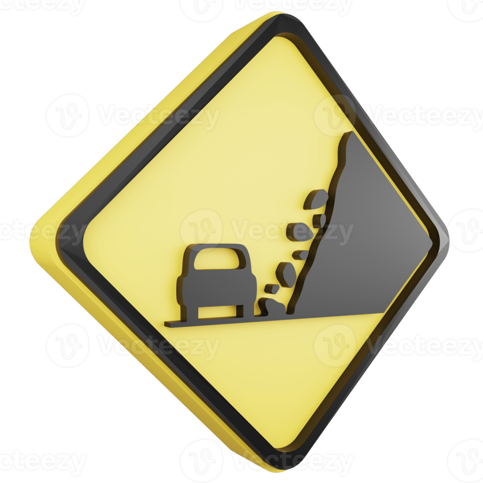 3D render landslide area sign icon isolated on transparent background, yellow cautionary sign png