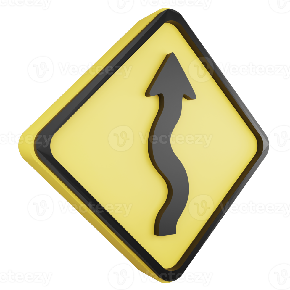 3D render sinuous road sign icon isolated on transparent background, yellow cautionary sign png