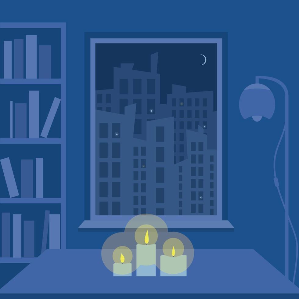 Night city blackout, vector illustration. Power outage.View from an apartment with candles on a dark city. Cityscape with moon and skyscraper building silhouettes without electricity. Dark City.