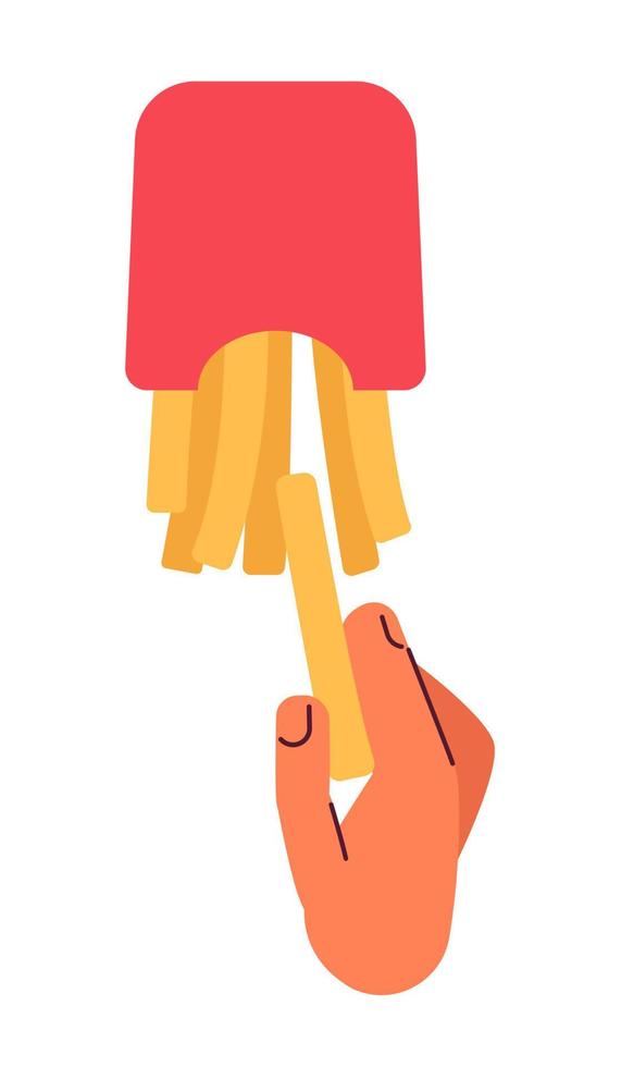 Tasting crispy fast food french fries semi flat colour vector first view hand. Eating fry potatoes. Editable cartoon style icon on white. Simple spot illustration for web graphic design and animation