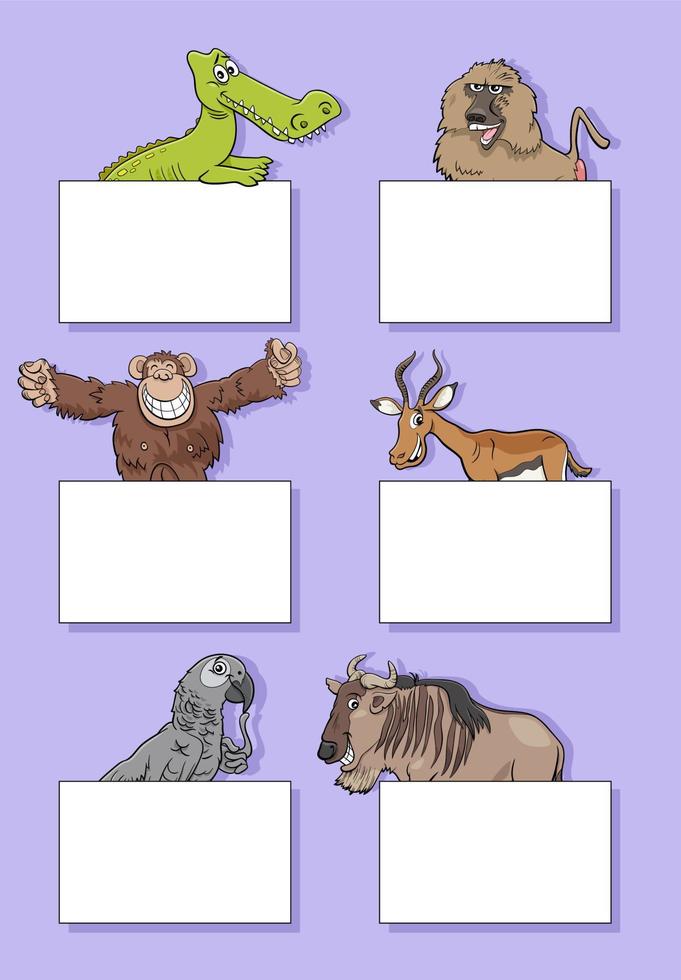 salvaje animal caracteres con tarjetas o pancartas diseño conjunto vector
