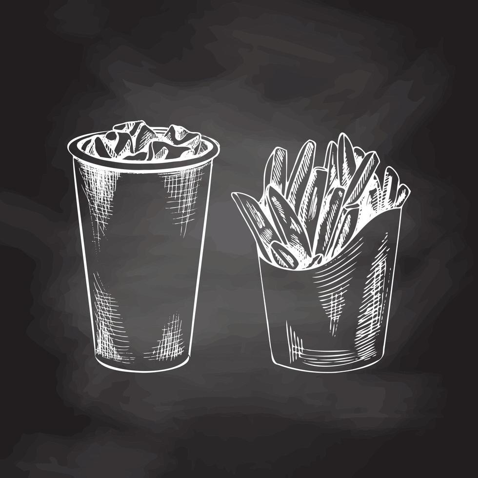 dibujado a mano blanco bosquejo de francés papas fritas caja de cartón caja, papel taza de reajuste salarial con hielo aislado en tiza antecedentes. monocromo basura comida Clásico ilustración. genial para menú, póster vector