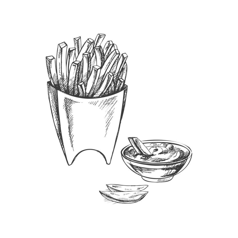 dibujado a mano bosquejo de francés papas fritas en un caja de cartón caja y tomate salsa, aislado. monocromo basura comida Clásico ilustración. genial para menú, póster vector