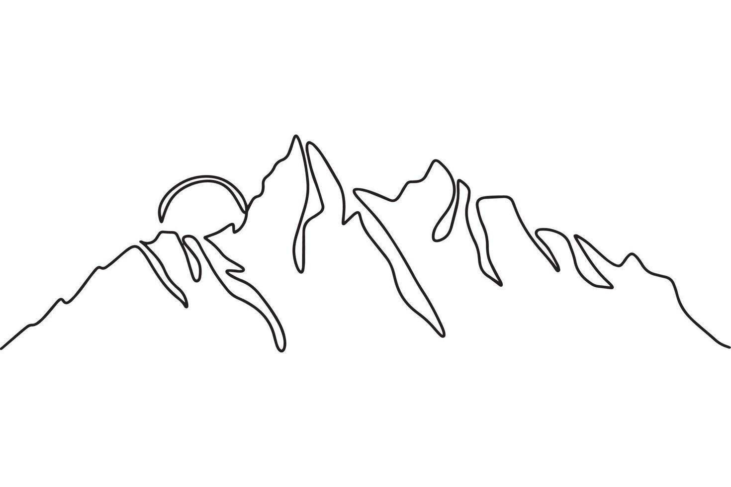 Abstract landscape of a mountain range. A simple linear drawing of mountains and the sun. Modern one-line illustration of nature. vector