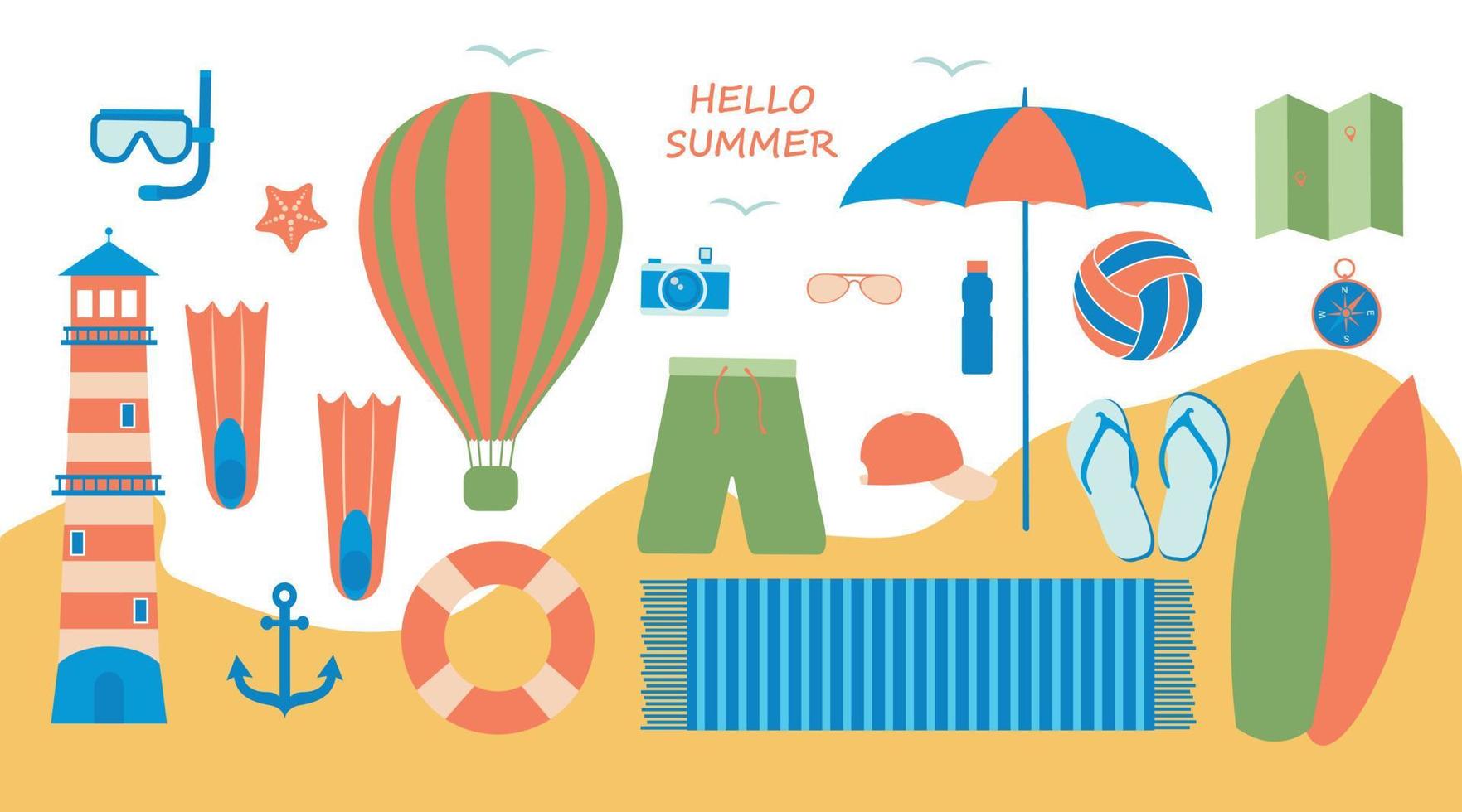 Summer seamless pattern. Accessories for sea holidays. Suitable for printing, textiles, backgrounds, wallpaper, wrapping paper, packaging. vector