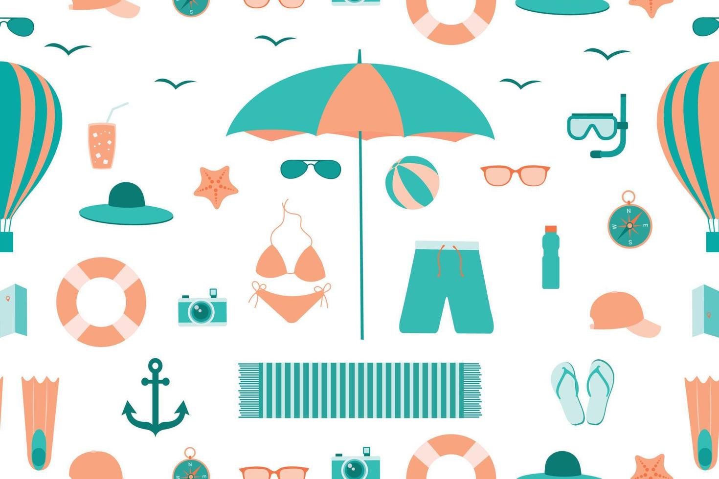 Summer seamless pattern. Accessories for sea holidays. Suitable for printing, textiles, backgrounds, wallpaper, wrapping paper, packaging. vector