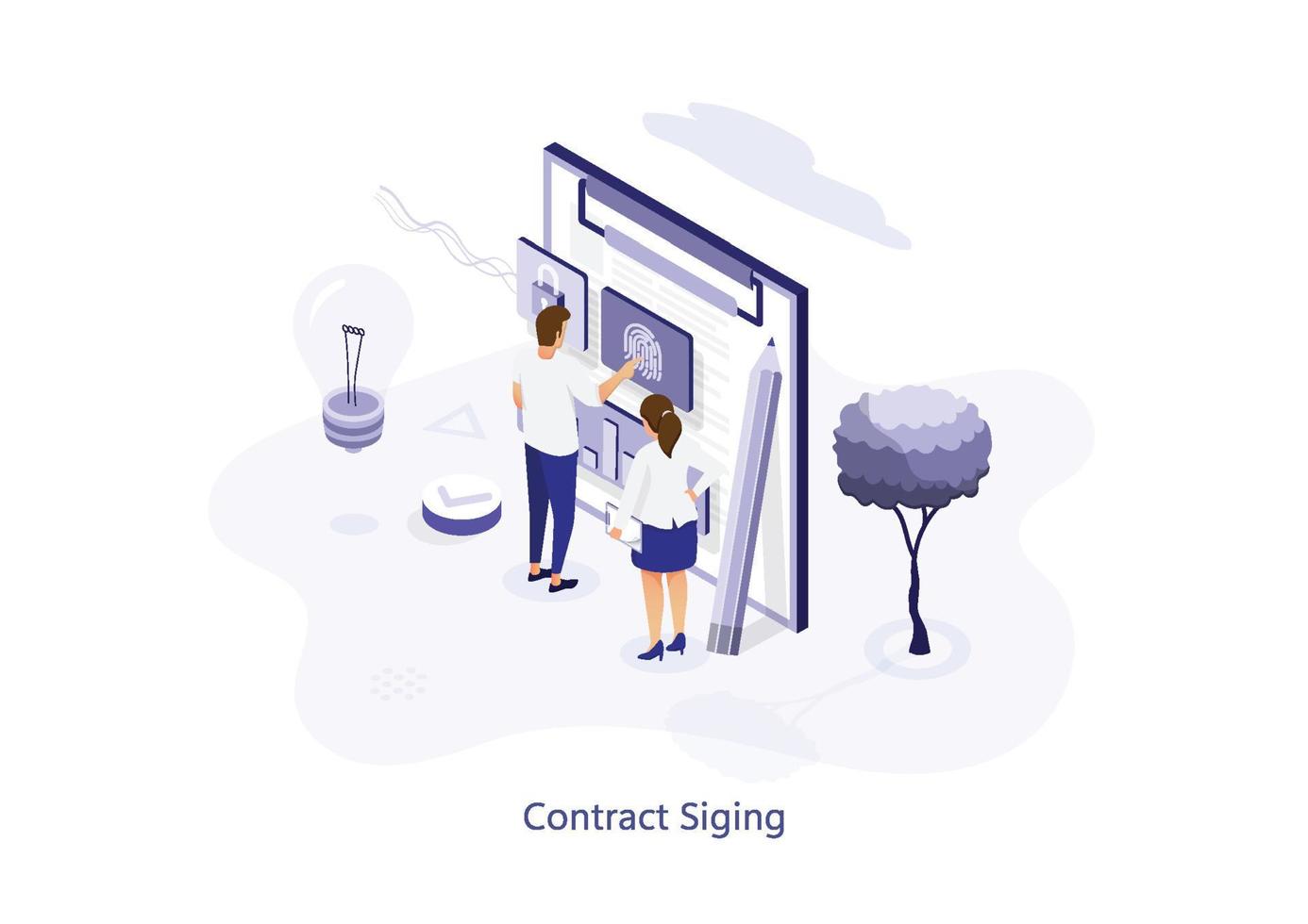 Business people signing contract online. Isometric businessman submitting fingerprint scan over clipboard. Employment, deal, partnership concept for banner, website desig vector