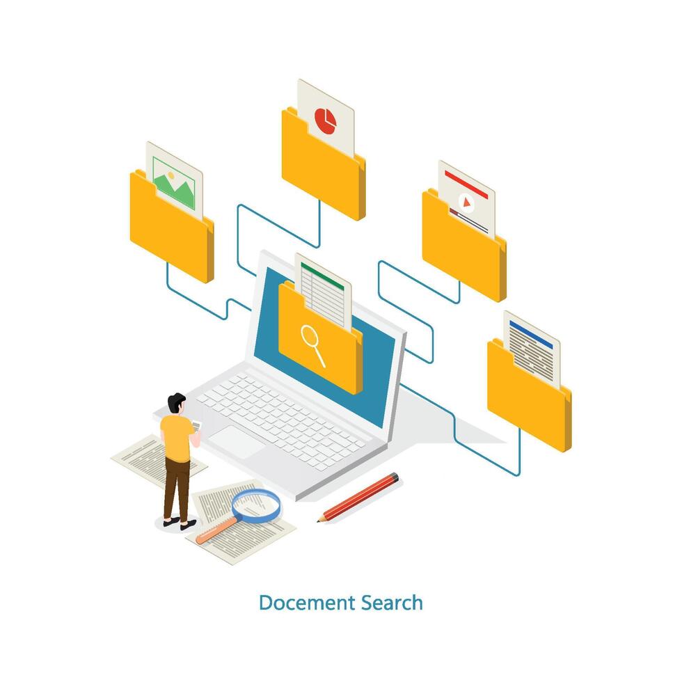 isométrica archivo buscar en base de datos, documento fluir administración concepto. nube datos almacenamiento y remoto datos acceso vector