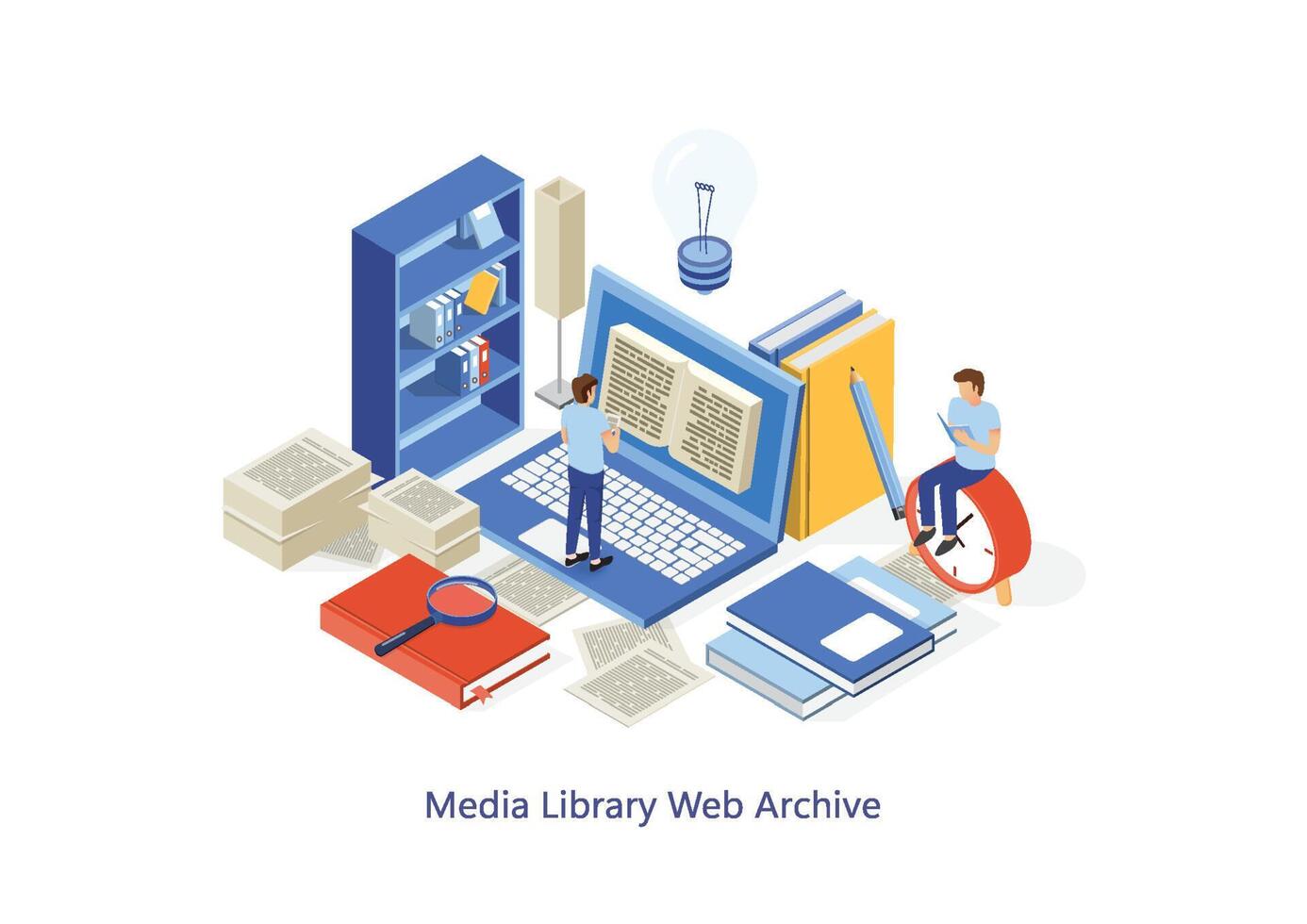 Dictionary, library of encyclopedia or web archive. Technology and literature, digital culture on media library. Clipart sticker icon for web banner. Flat isometric people images, vector illustration.