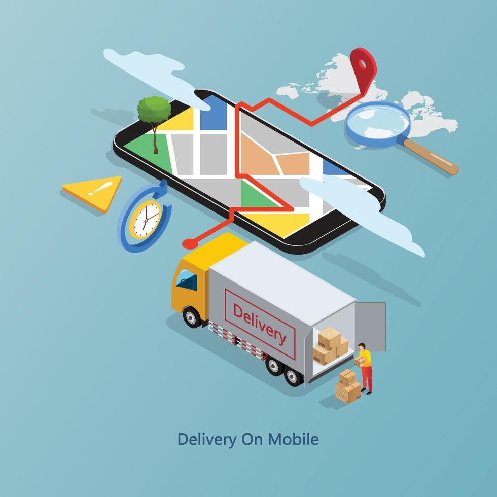 Online delivery on mobile with road and navigation, Smart logistics, Online order. Truck, warehouse and parcel box. website, banner. Isometric Vector illustration