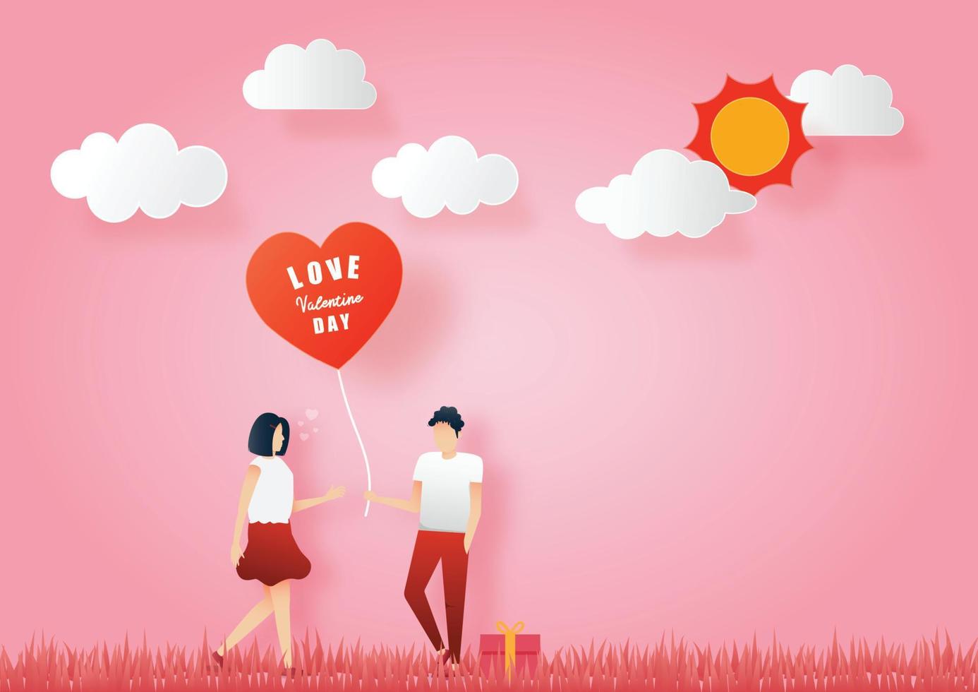 Concept of valentine day. Men give paper hearts to women. Vector paper art illustration. Paper cut and craft style.