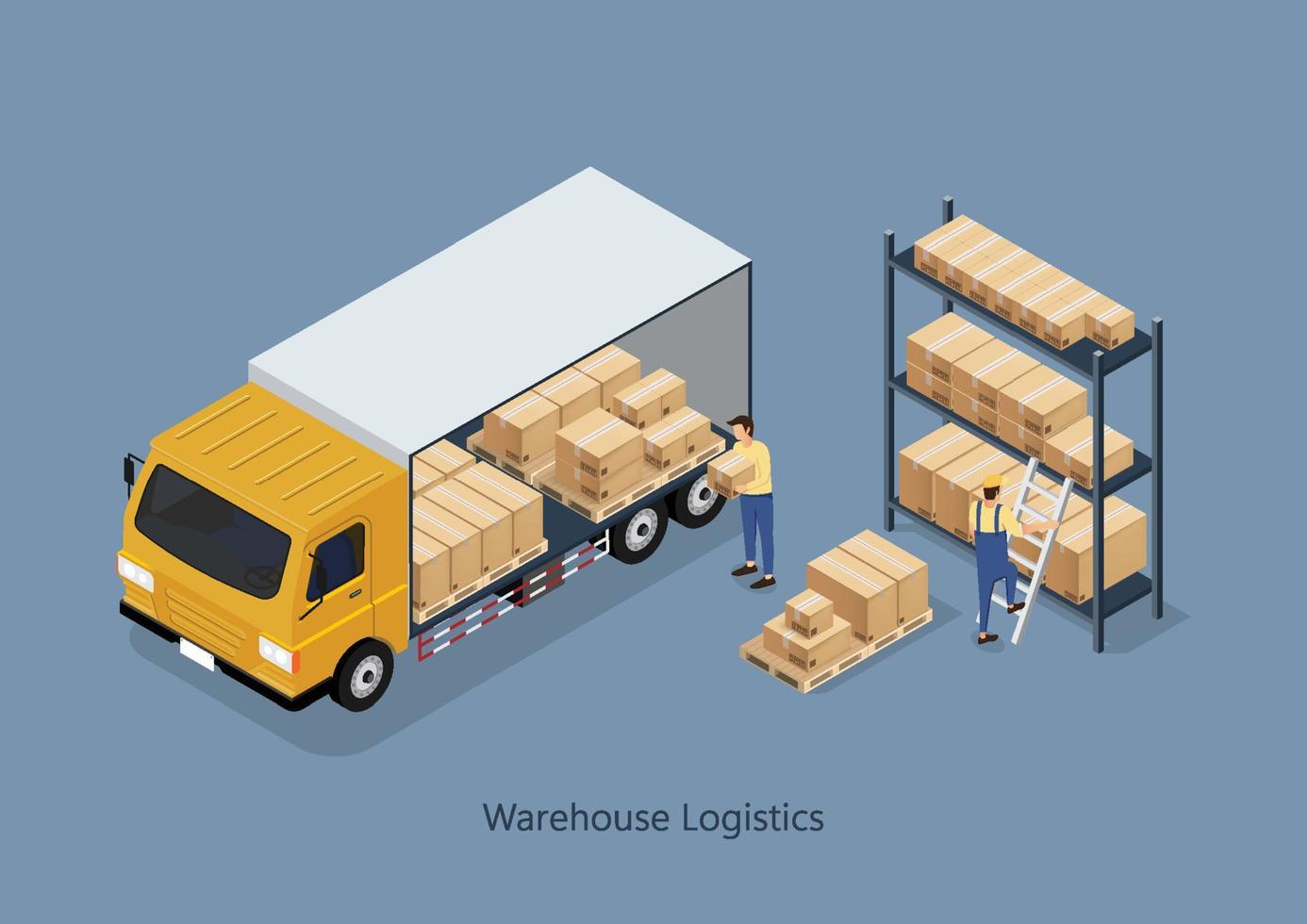 trabajo en almacén escena con empleados estantería con paquetes bienes entregado por camión. isométrica vector ilustración