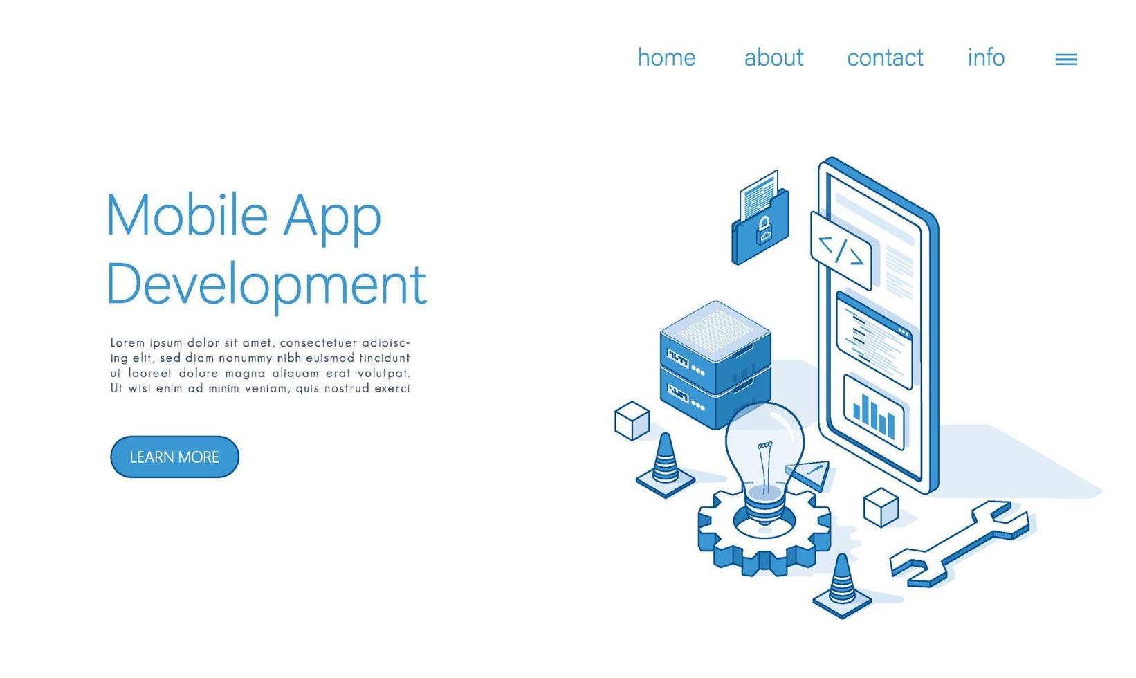 Landing page template mobile app development concept. Isometric vector. vector