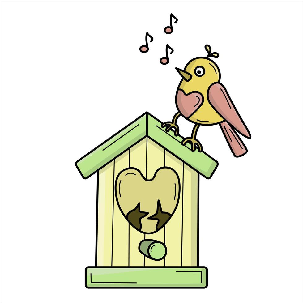 Vector isolated color illustration with outline of a singing bird on a birdhouse spring, easter theme.