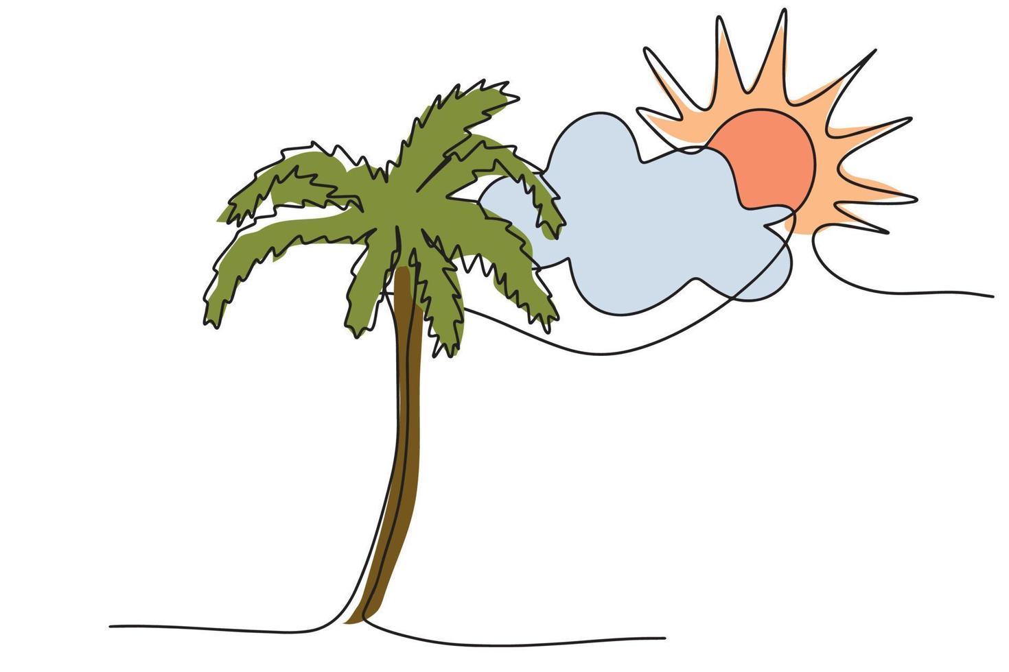 Drawing palm trees clouds and the sun in one continuous line. A concept for wall decoration, poster printing and travel by vacation travel company. vector