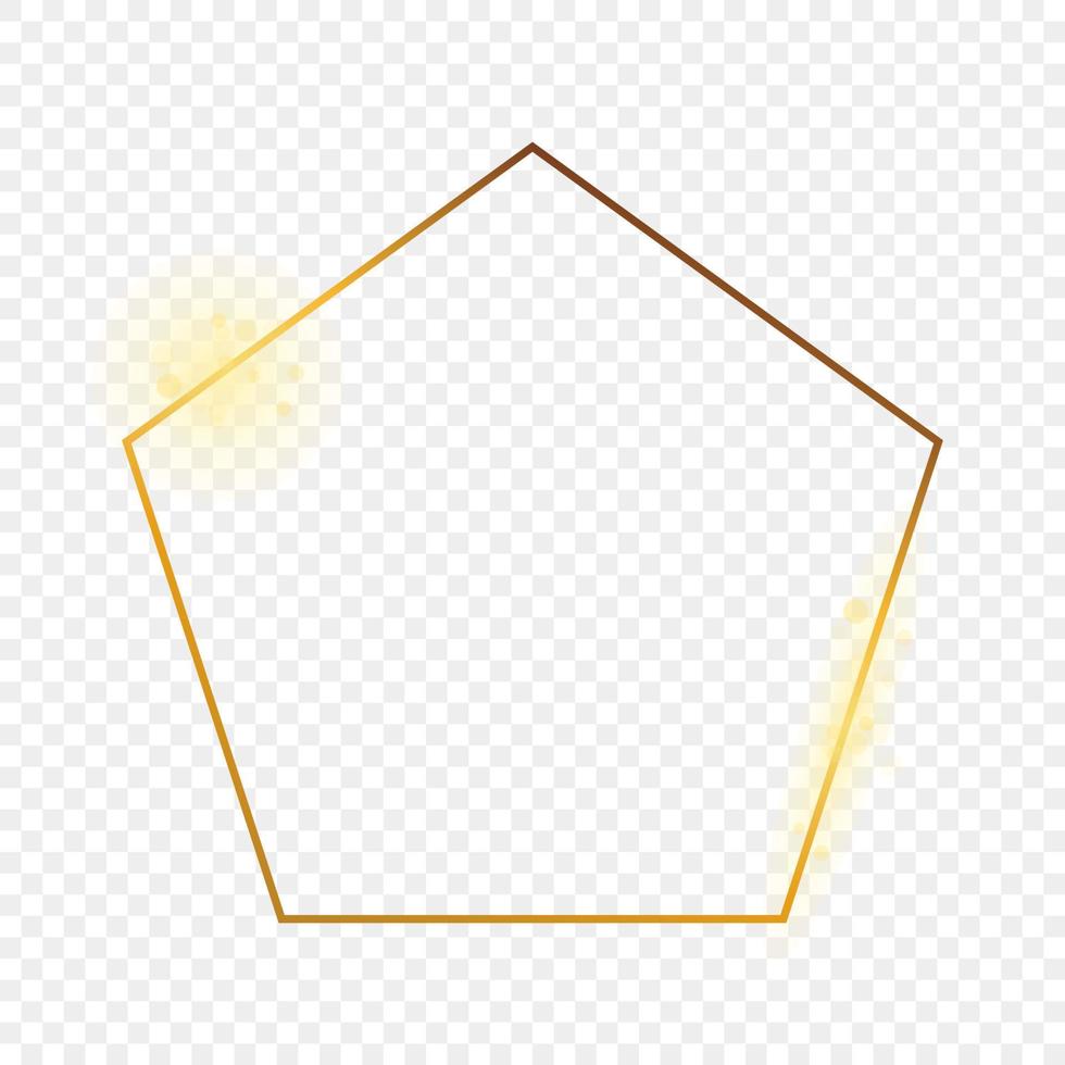 Gold glowing pentagon shape frame isolated on background. Shiny frame with glowing effects. Vector illustration.