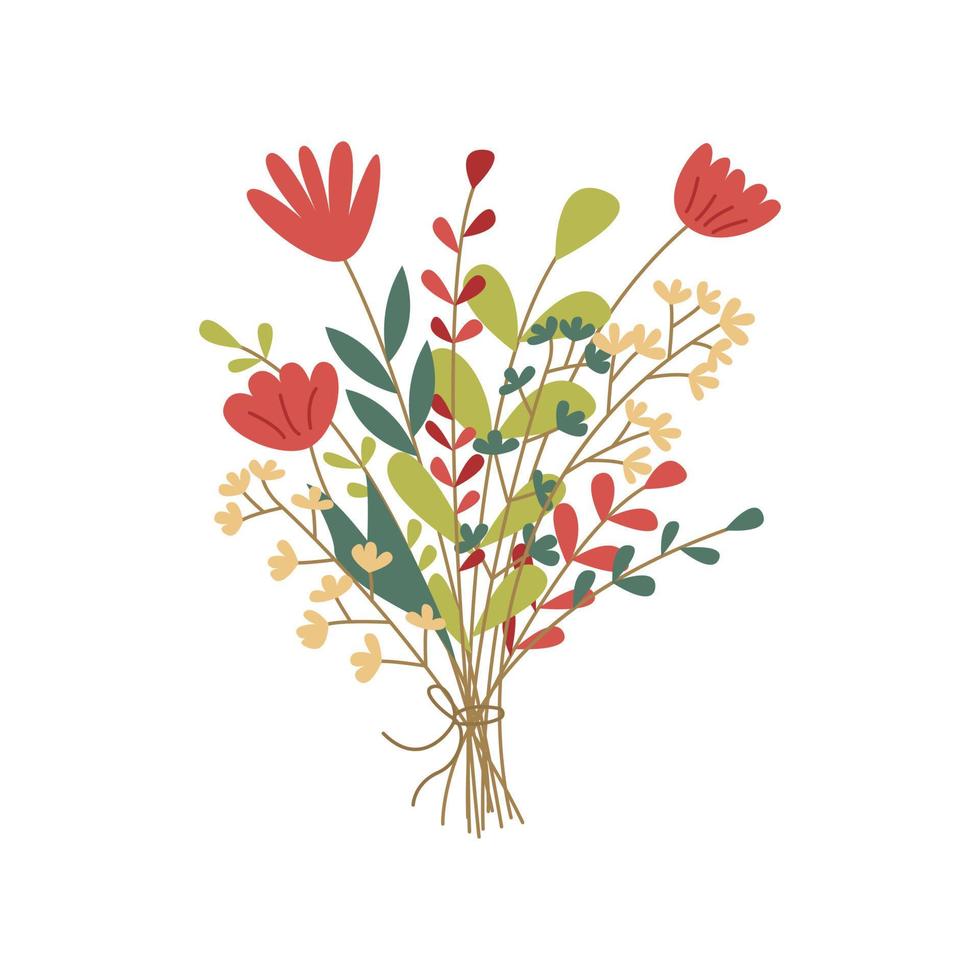 Bouquet of wild flowers tied with thread. Vector