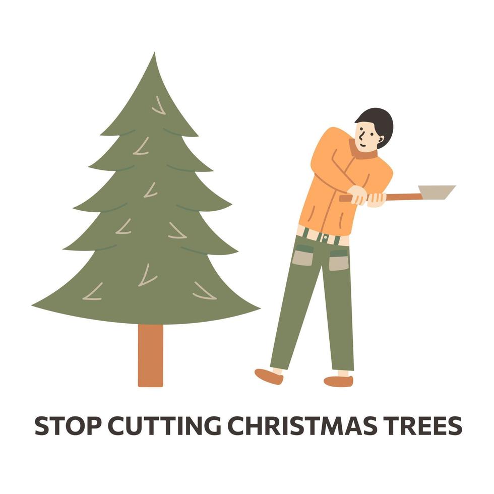 Man wants to cut down Christmas tree with axe vector