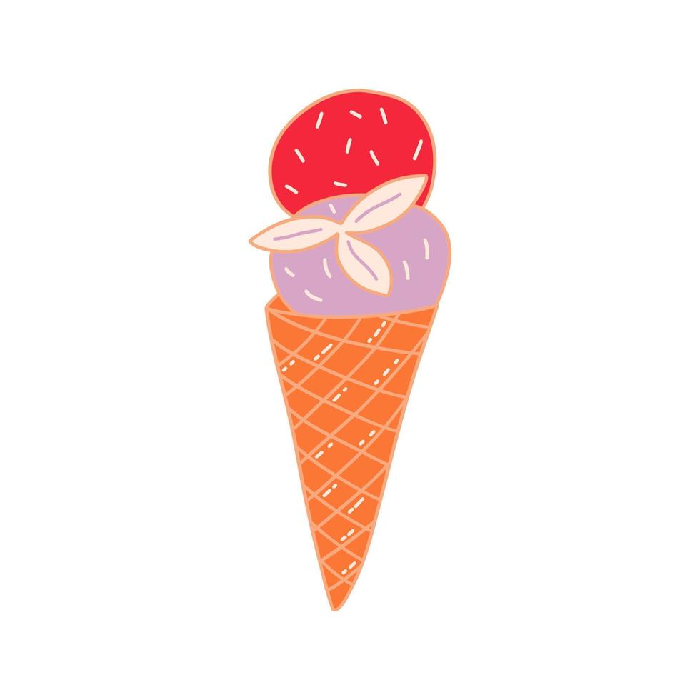 Two scoops ice cream in waffle cup. Vector colorful