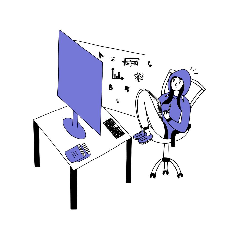 Girl student sits in front of computer and studies. Vector