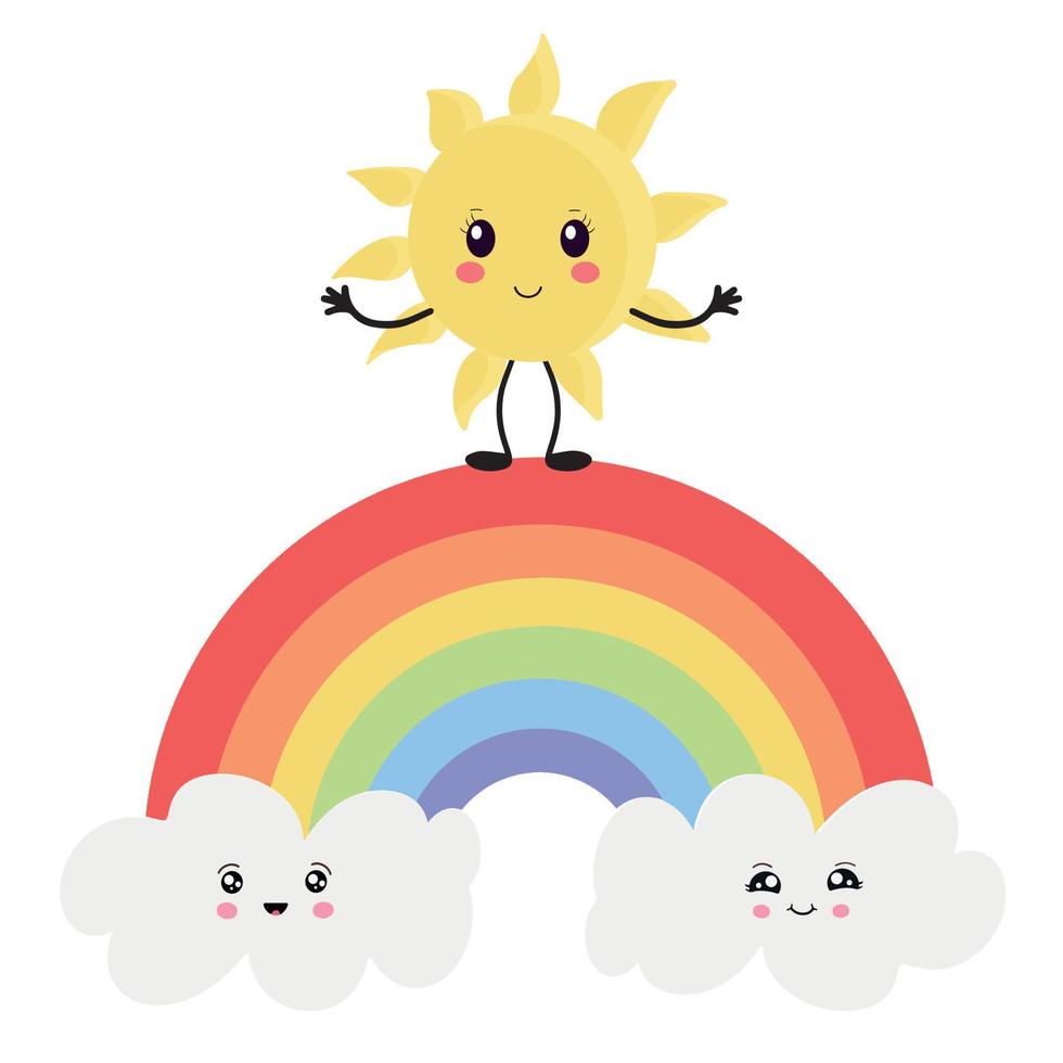 Typographic design with cute background of sun and rainbow and clouds in kawaii style for greeting card, poster and banner. Vector