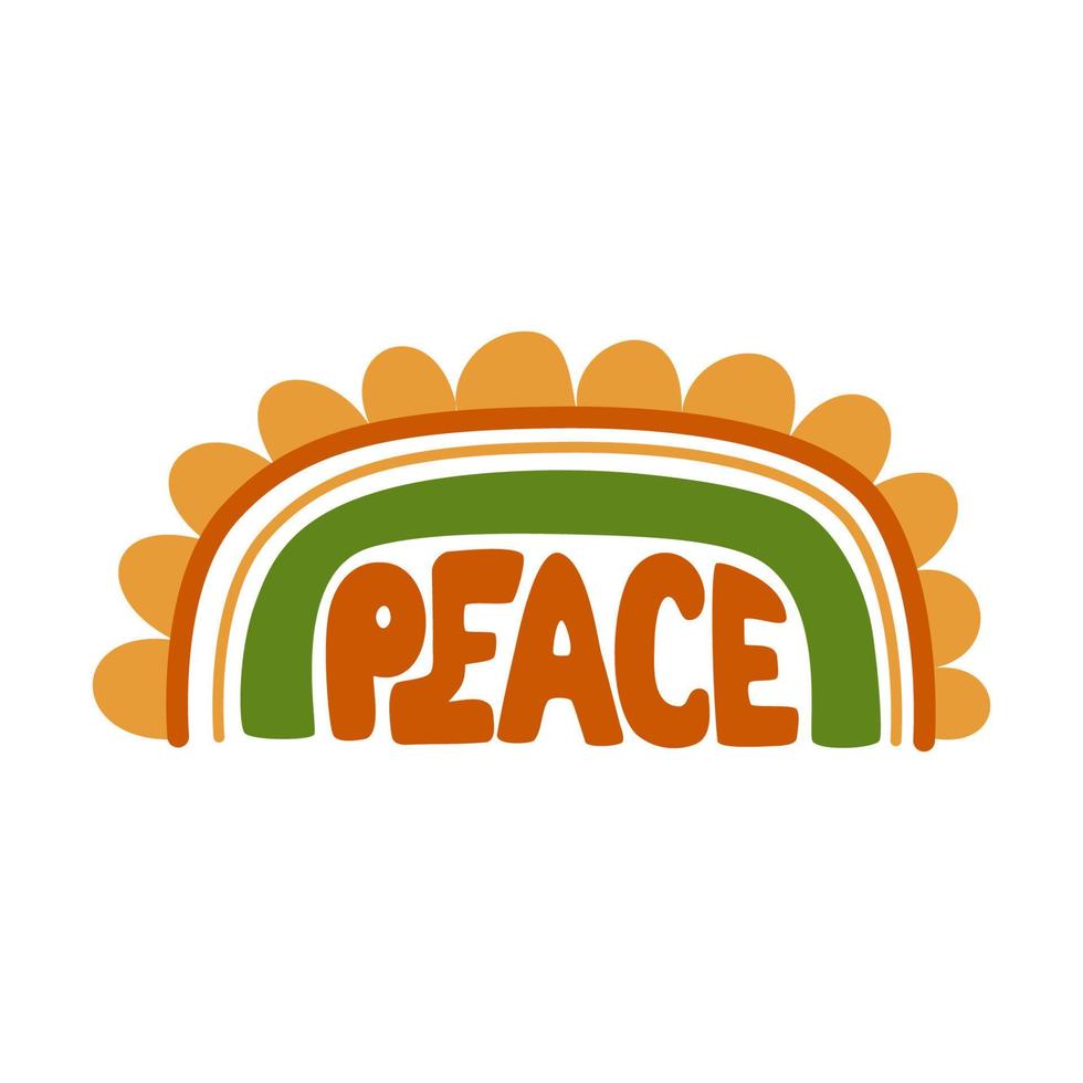 Retro 70s phrase Peace. Groovy flower. Floral hippie summer design. Hipster lettering element for T-shirt, posters, cards. Positive slogan retro 60s style isolated graphic print. Vector illustration