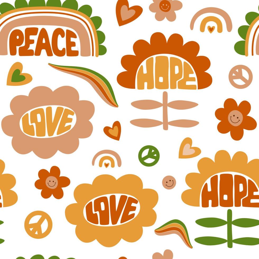 Groovy floral pattern. Retro 70s seamless vector background with vintage daisy flowers. Psychedelic vintage print with rainbow, smiling faces. Fun hippy texture for surface design. Love, hope, peace