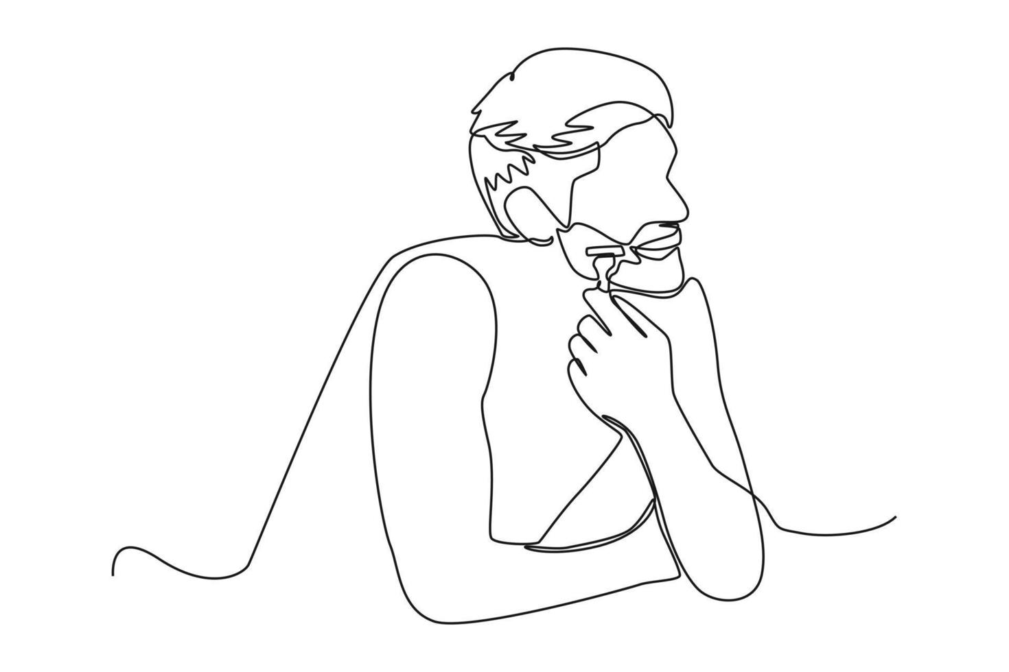 Single one line drawing man shaving his beard. Bathroom activities concept. Continuous line draw design graphic vector illustration.