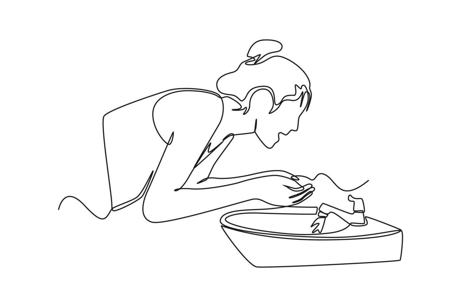 Single one line drawing happy woman washing her face with water. Bathroom activities concept. Continuous line draw design graphic vector illustration.