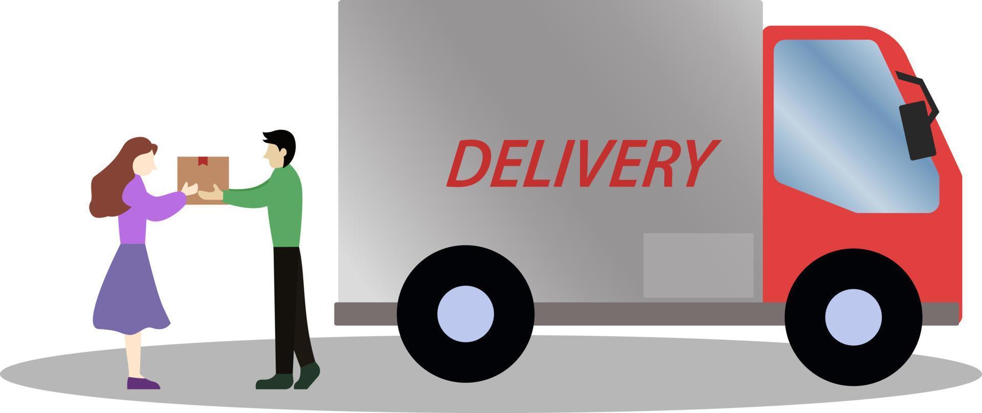 The package courier delivers the package to the buyer vector illustration, Courier worker with delivery truck send goods