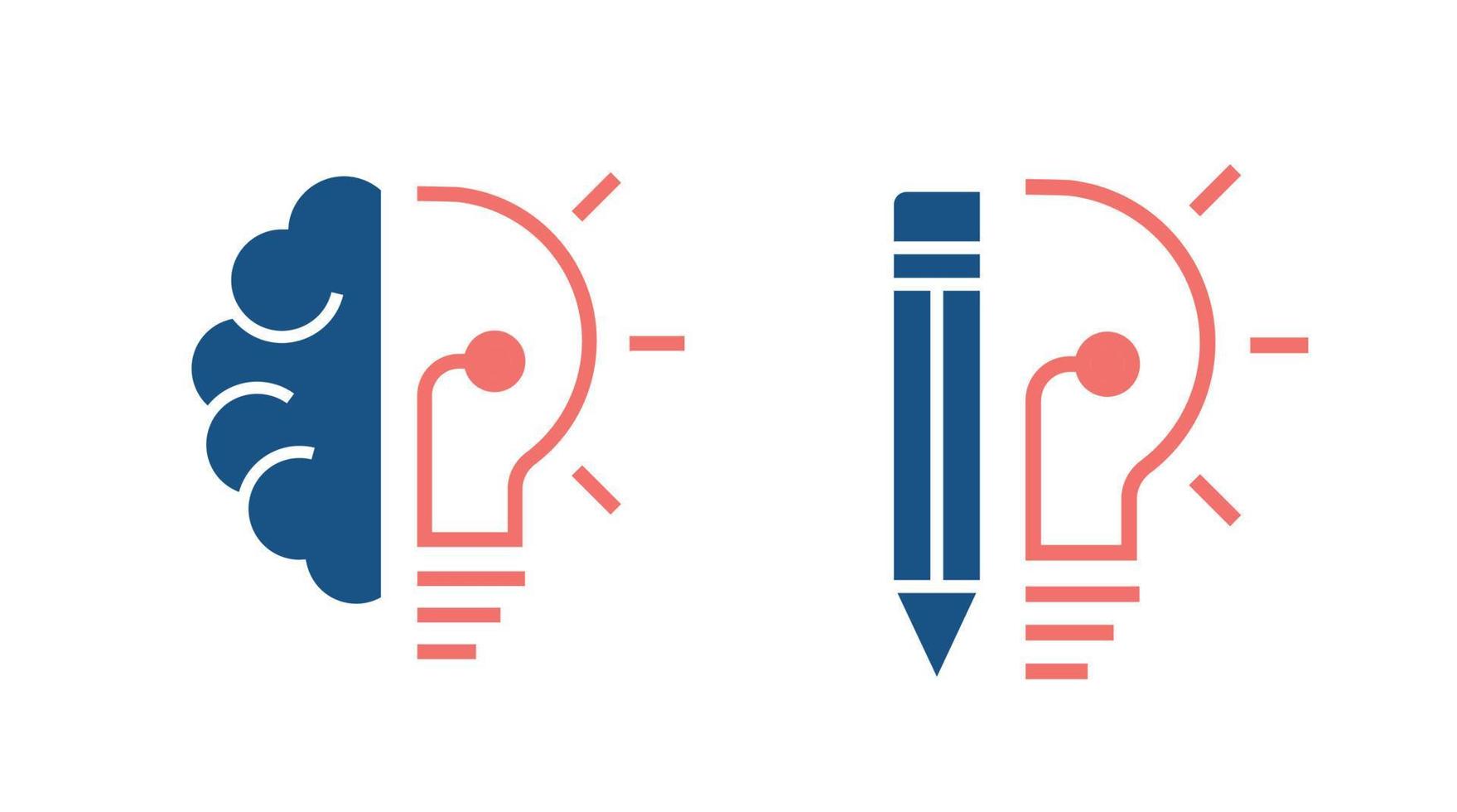 vistoso ligero bulbo idea icono, vector bombilla, cerebro, bolígrafo y creatividad concepto
