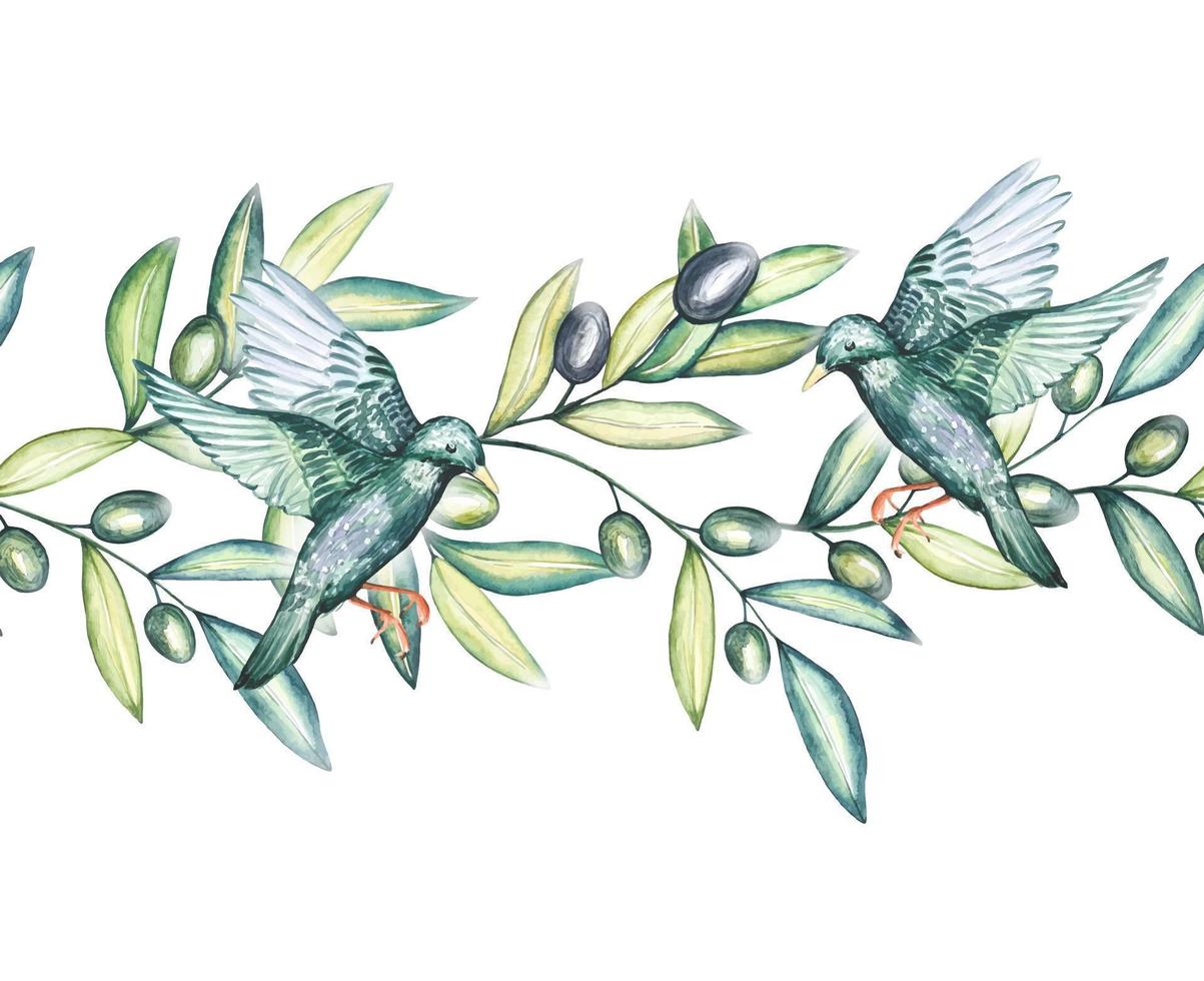 Seamless watercolor pattern with olive branches and starlings vector