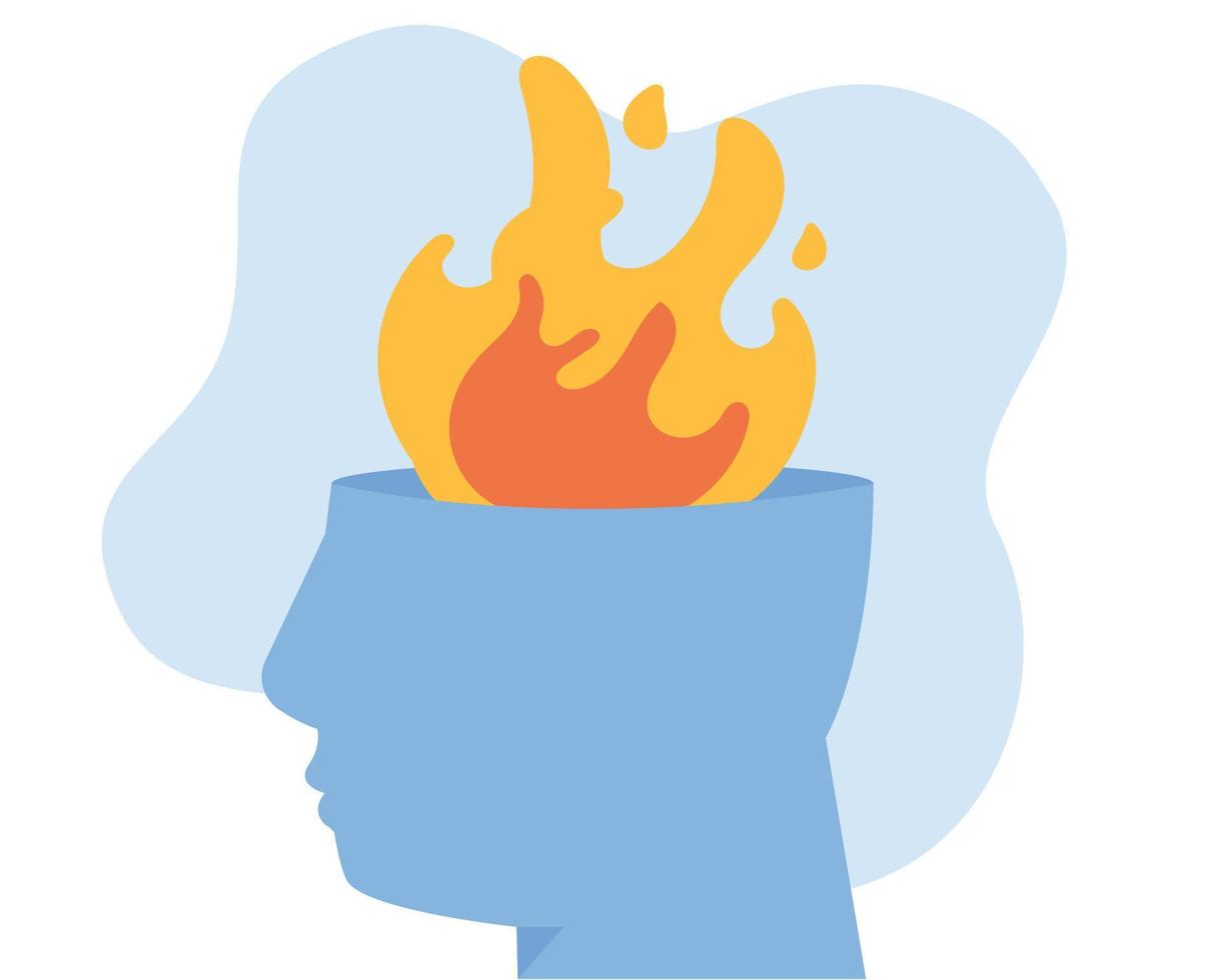 Human mood scale. Head on fire carrying accumulate stress and emotional overload about to get hysteria or burnout. Illustration of daily pressure. Mental health disorder or illness concept. vector