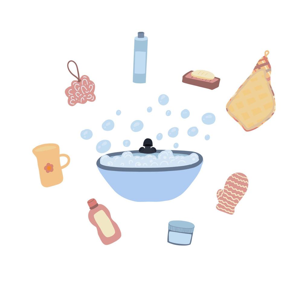 Bathing set brushes bubbles gel and soaps vector