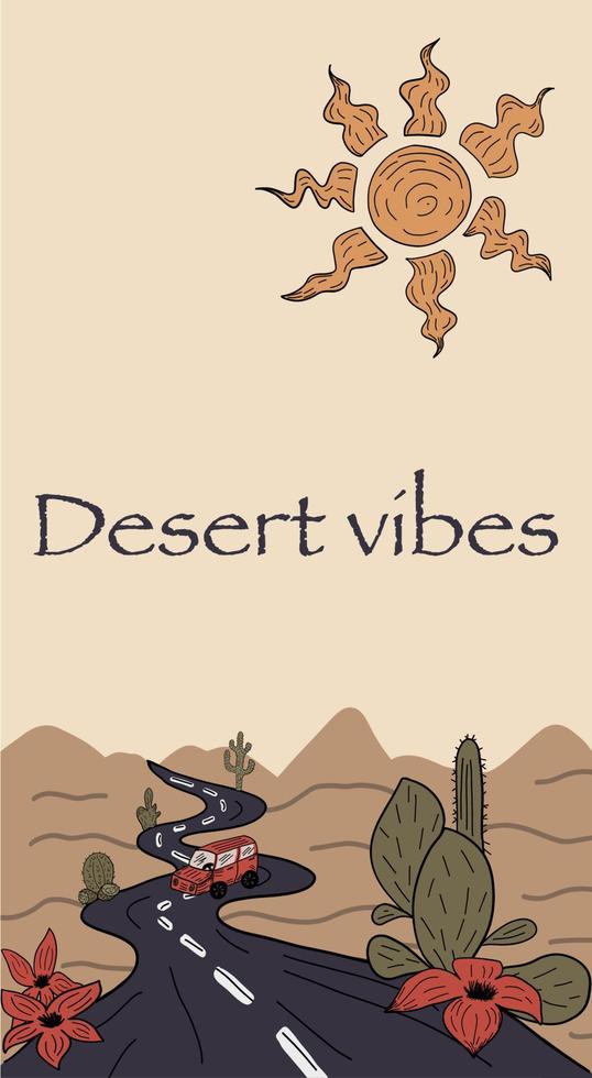 Desert vibes card hand drawn sunset road mountains vector